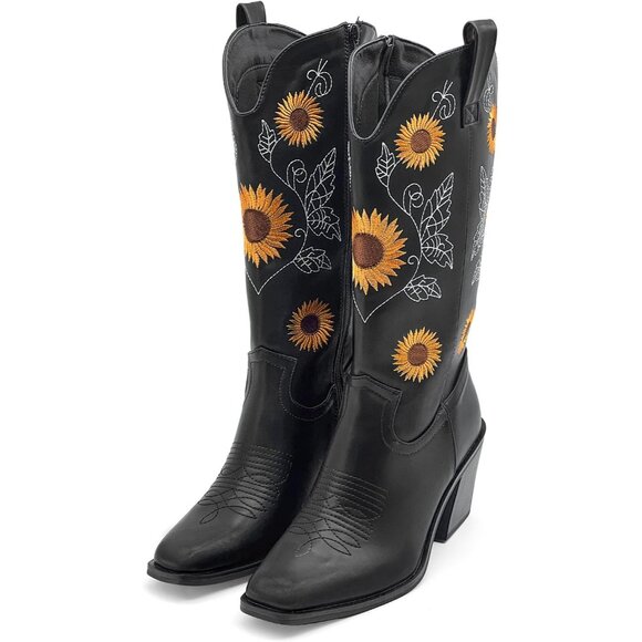 Nzzoo Western Boots Women Black Cowboy Wide Mid Calf Cowgirl Shoes - Picture 4 of 7